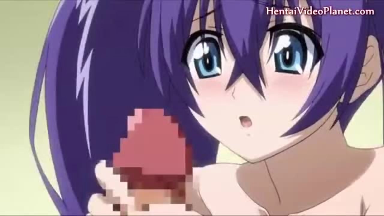 Purple haired anime girl is surprised by the size of his erection